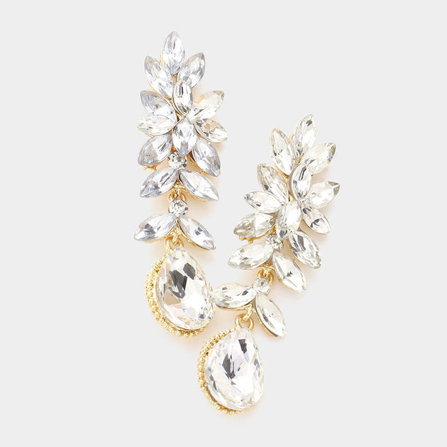 FASHNZFAB Crystal Rhinestone Marquise Evening Earrings Silver 4