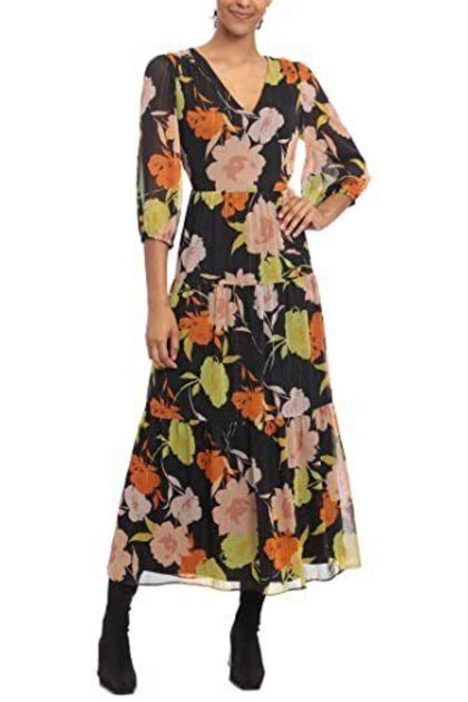 Donna Morgan Long Sleeve Floral Tiered Dress Multi US 2 2