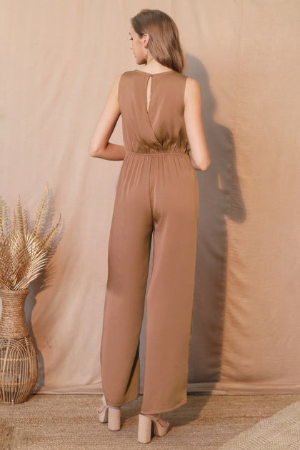 TRUEDAMES Washed Poly Silk Twist Front Jumpsuit Beige Medium 4