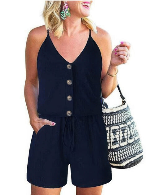 TRUEDAMES Button Sleeveless Spaghetti Strap Cami Romper Red Medium 2