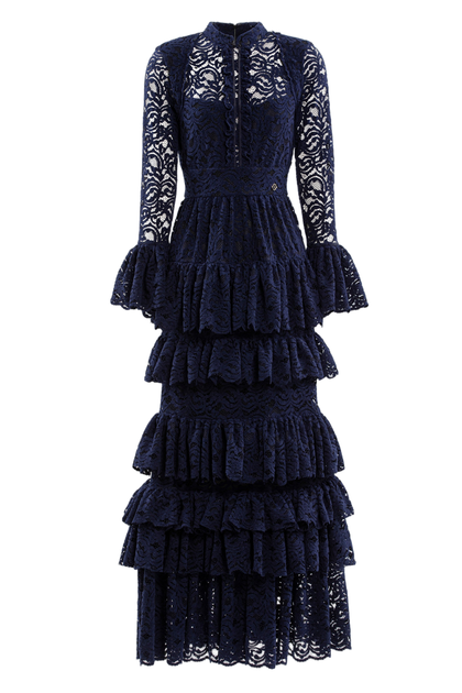 Saiid Kobeisy Ruffled Lace Long Dress Blue EU 38 2
