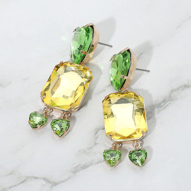 FASHNZFAB Heart Emerald Cut Stone Link Dangle Earrings Green 2