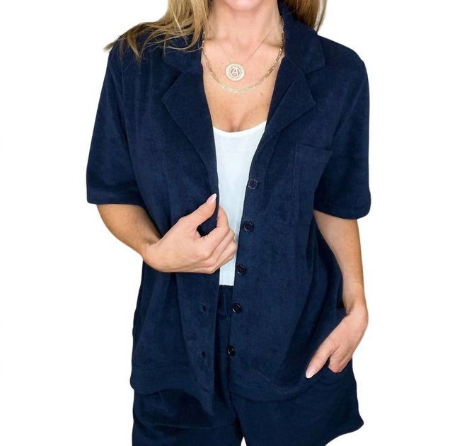 P.S. Kate French Terry Button Down Top Blue Medium 2