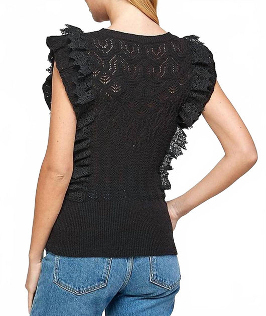 SEE AND BE SEEN Crochet Ruffle Sweater Top In Black | ShopSimon