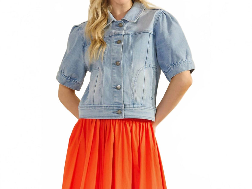 Veveret Short Puff Sleeve Denim Jacket Blue Medium 2