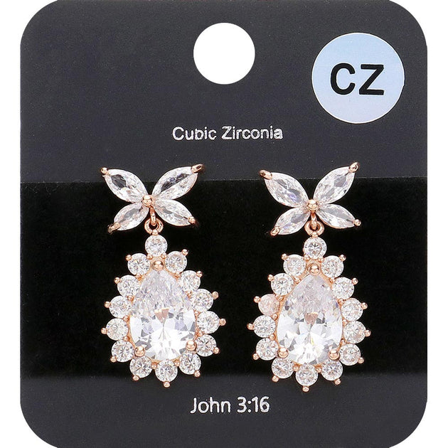 FASHNZFAB CZ Stone Butterfly Teardrop Dangle Earrings Clear Rose Gold 3