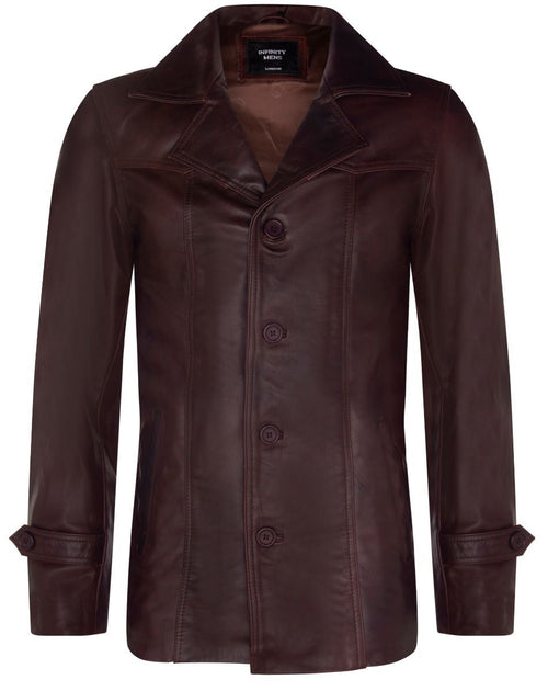 Infinity Mens Brown Vintage Trench Style Crombie Leather Coat Small 2