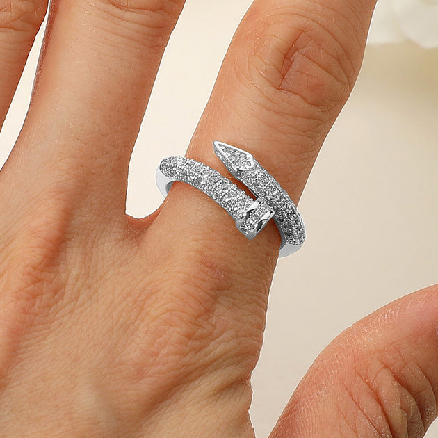 FASHNZFAB CZ Stone Paved Nail Adjustable Ring Silver One Size 4