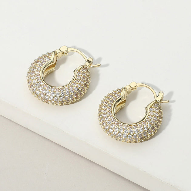 FASHNZFAB CZ Stone Paved Pin Catch Hoop Earrings Gold 3