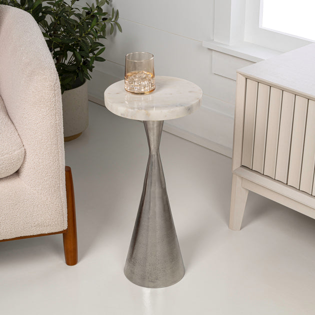 Jonathan Y Ziggy 22in Drink Table White Marble Antique Nickel 2