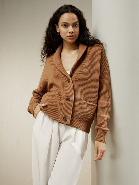 LILYSIL Wool-Cashmere Blend Shawl Collar Cardigan Brown Medium 4