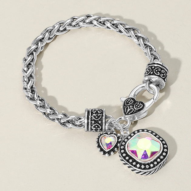 FASHNZFAB Square Heart Stone Charm Bracelet AB Antique Silver One Size 2
