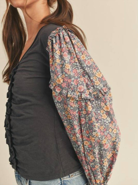 merci Floral Puff Sleeve Ruched Top Grey Small 4