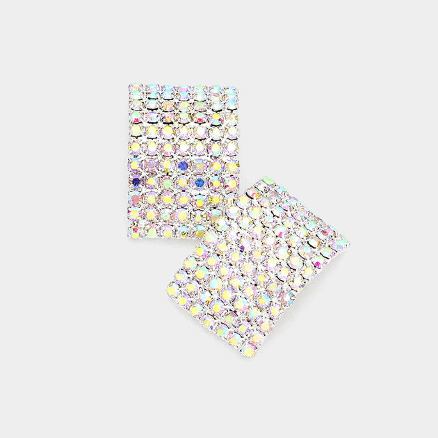 FASHNZFAB Rectangular Rhinestone Paved Earrings Silver 4