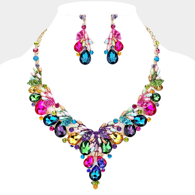 FASHNZFAB Teardrop Glass Crystal Pearl Vine Necklace Pink 4