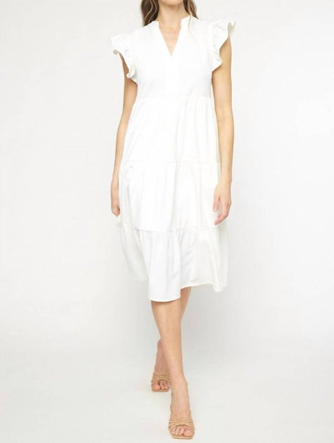 Entro Ruffled Pocket Tiered Midi Dress White Small 4