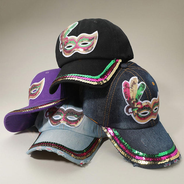 FASHNZFAB Sequin Mardi Gras Mask Patch Baseball Cap | ShopSimon