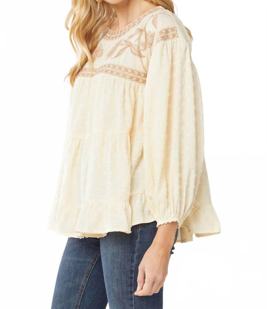 entro Embroidered Swiss Dot Blouse Beige Small 3