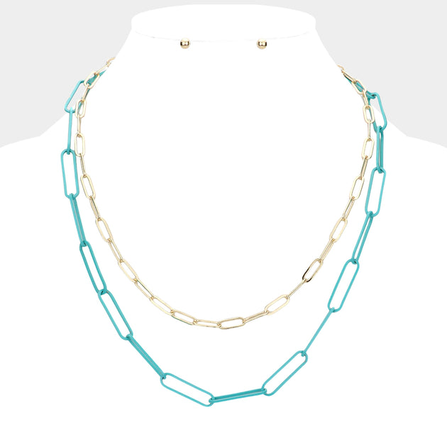 FASHNZFAB Oval Link Necklace Set Pink 4