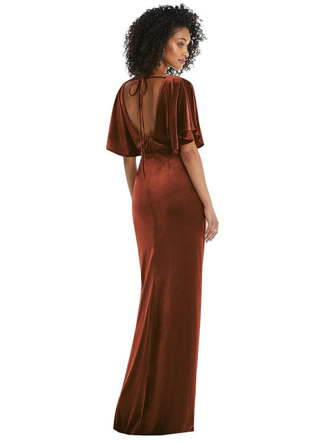 After Six Flutter Sleeve Open-Back Velvet Maxi Dress Green US 2 3