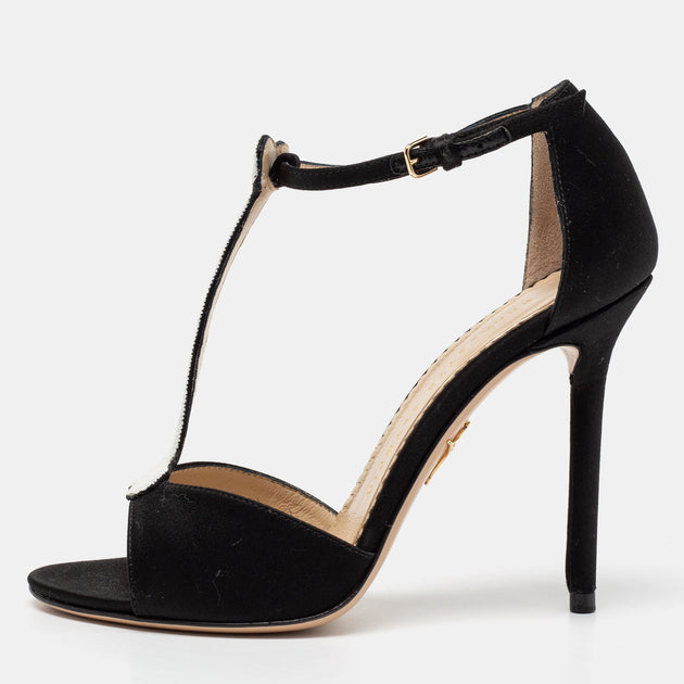 Charlotte Olympia Satin Skeleton T-Strap Sandals Black EU 36.5 2