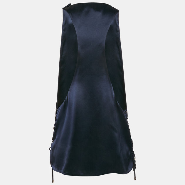 Salvatore Ferragamo Navy Blue Satin Silk Lace-up Detail Sleeveless