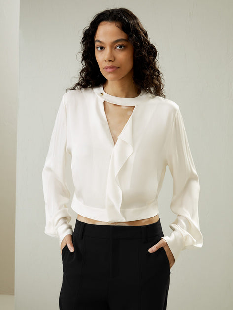 LILYSILK V-neck Collared Silk Shirt White XS 2