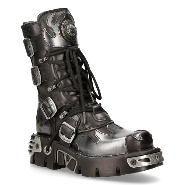 Bottes New Rock 591-S2 Noir & Argent à Motifs Flammes - Tailles 40 à 46 - Cuir Lourd