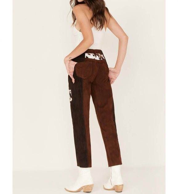 Rock & Roll Denim High Rise Suede Patchwork Straight Cropped Jeans Brown 30 3