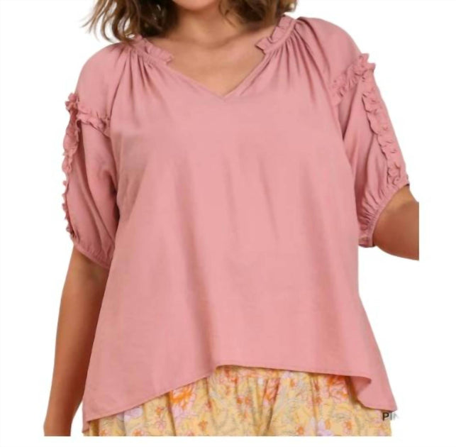 Umgee Split Neck Puff Sleeve Blouse Pink XLarge 2