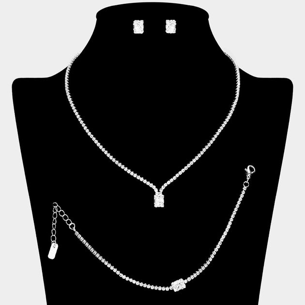 FASHNZFAB Rectangle Stone Rhinestone Necklace Jewelry Set Silver One Size 4