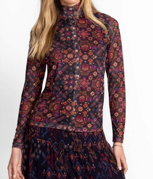 Johnny Was Brandi Mesh Button-Up Mock Neck Top Multi XXLarge 3