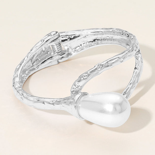 FASHNZFAB Pearl Accent Hammered Metal Hinged Bangle Silver 5