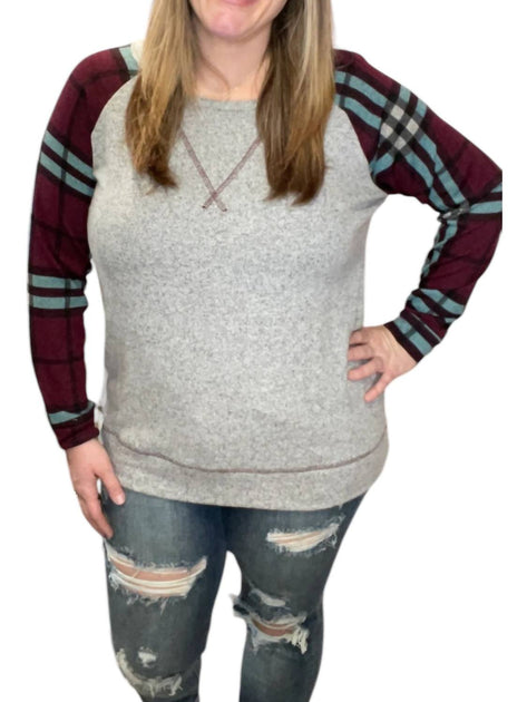 honeyme Plaid Long Sleeve Top Grey Small 2