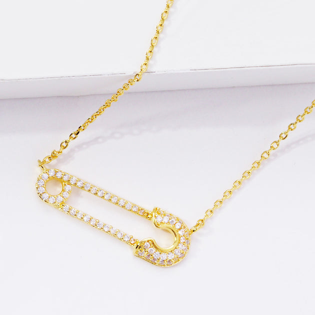FASHNZFAB CZ Safety Pin Pendant Necklace Silver 3