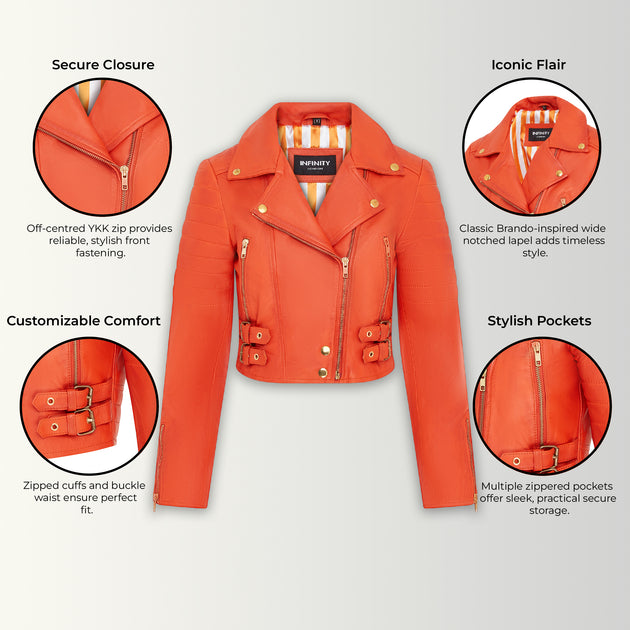 Infinity Cropped Brando Leather Biker Jacket Orange US 14 4