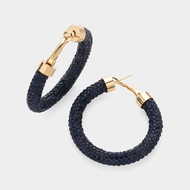 FASHNZFAB Rhinestone Half Hoop Earrings Navy Blue 2