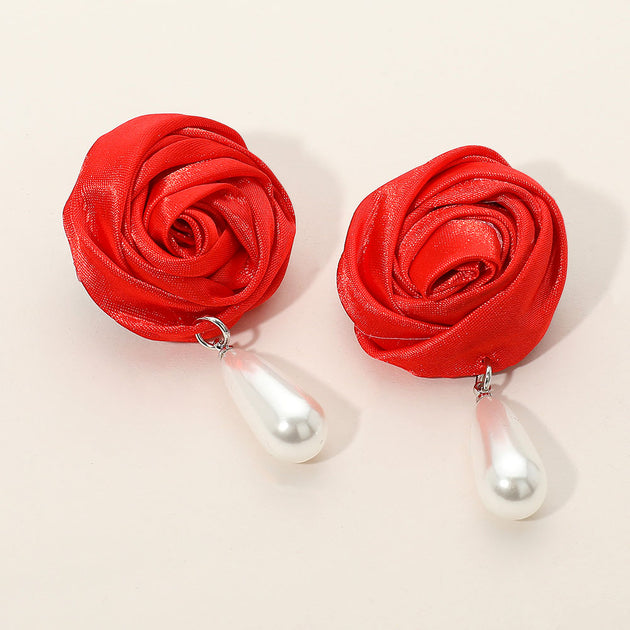 FASHNZFAB Teardrop Pearl Dangle Satin Rose Earrings Red 2