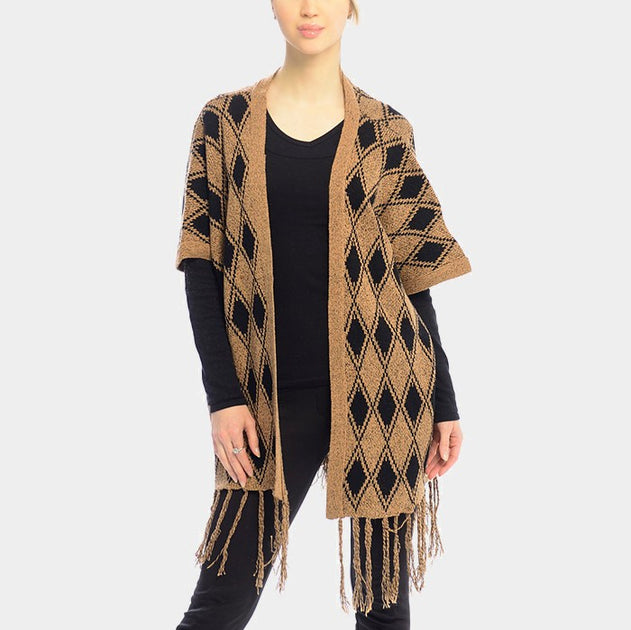 Truedames Diamond Pattern Fringe Trim Poncho Shawl Beige 4