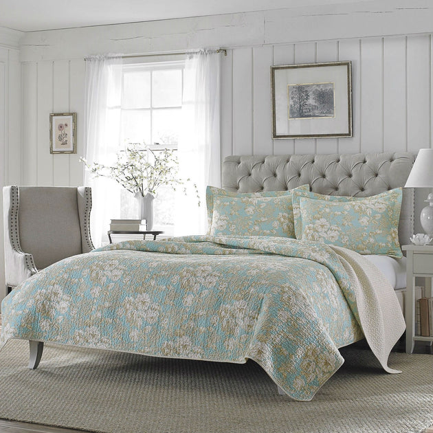 Hivvago Full / Queen 3-Piece Cotton Quilt Set Seafoam Blue Beige 2