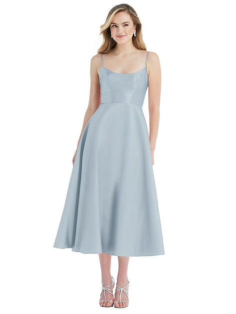 Alfred Sung Spaghetti Strap Full Skirt Satin Midi Dress Blue US 12 2
