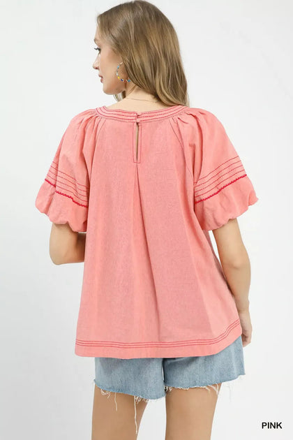 TRUEDAMES Round Neck Puff Sleeve Top Pink Medium 4