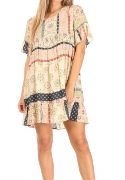 CHRIS & CAROL Boho Print Mini Dress Beige Medium 2