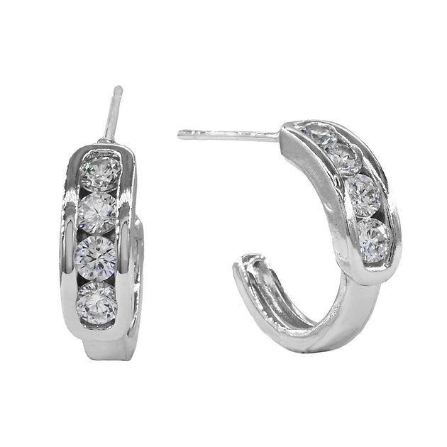 FASHNZFAB Round CZ Channel Mini Open Hoop Earrings White Gold 3