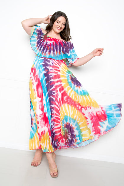 TRUEDAMES Tie Dye Off Shoulder Pleated Maxi Dress Multi 2X 5