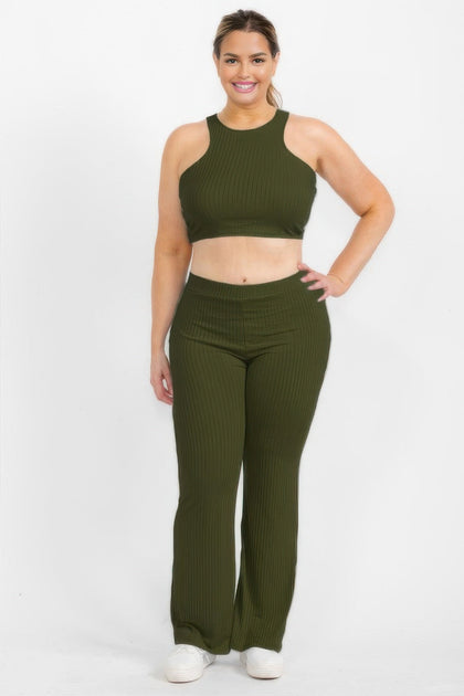 TRUEDAMES Plus Ripp-Crop-Top Und Bootcut-Hosen-Set Grün Plus Size 1X 4
