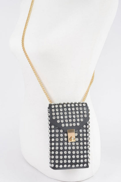 FASHNZFAB Rhinestone Cellphone Crossbody Belt Bag Black One Size 3