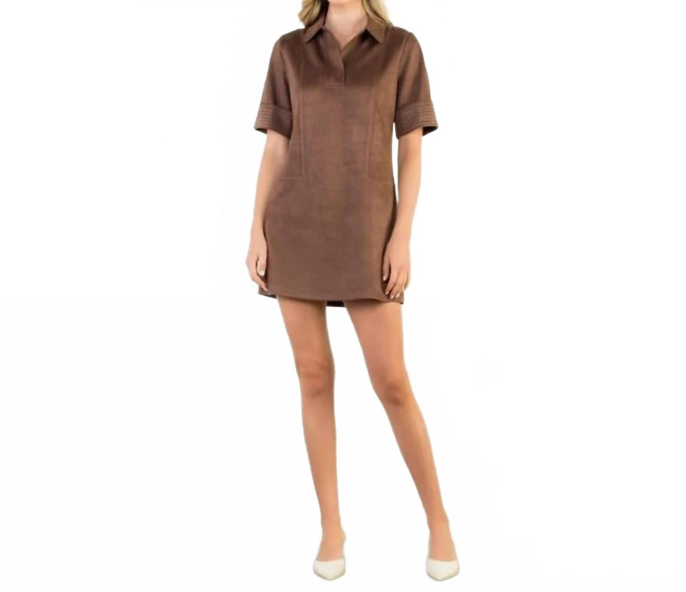 THML Short Sleeve Collared Suede Dress In Brown
