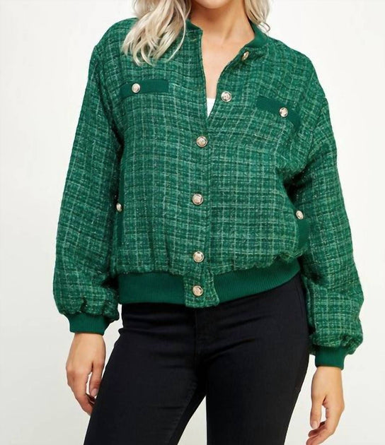 Strut & Bolt Metallic Tweed Bomber Jacket Green Medium 2