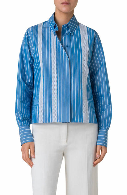 Akris Punto Pyjama Stripe Boxy Collared Shirt Blue US 12 2